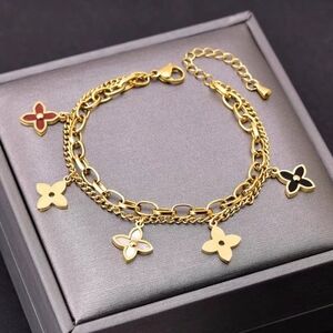 Elegant 18k Gold Plated White Red Black Flower Clover Charm Bracelet